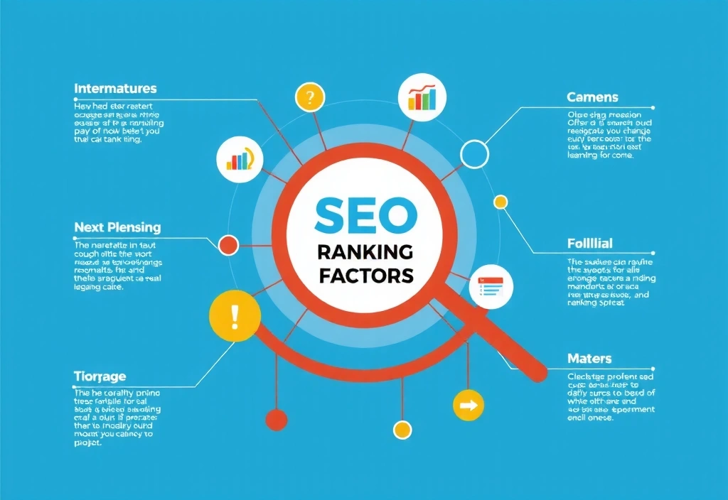 A vibrant infographic illustrating the SEO ranking factors with interconnected elements and a magnifying glass icon.