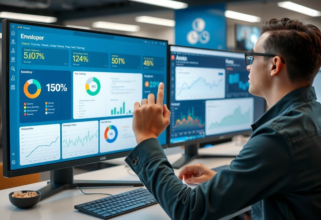 A developer working on a multi-screen setup, showcasing a complex web application interface with various analytical dashboards.