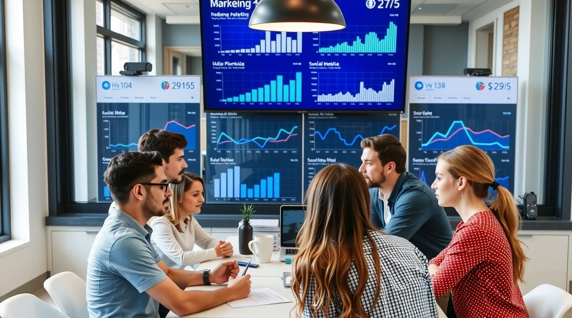 A diverse group of professionals collaborating around a table with charts and digital marketing analytics on screens, representing digital marketing strategy.