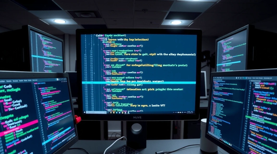 Code snippets displayed on multiple computer screens in a dark, tech-savvy environment, symbolizing efficient web development.