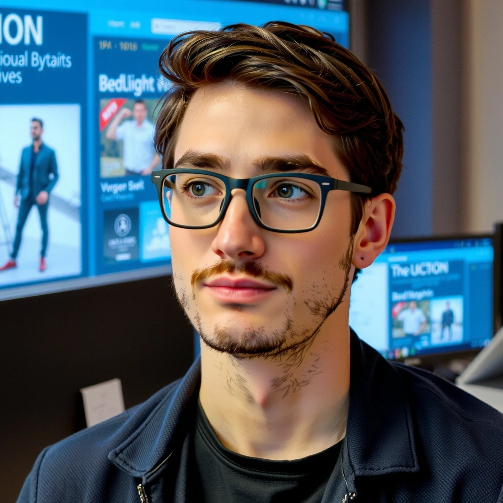 Portrait of a male web developer with glasses, focused and professional, in a modern office setting.
