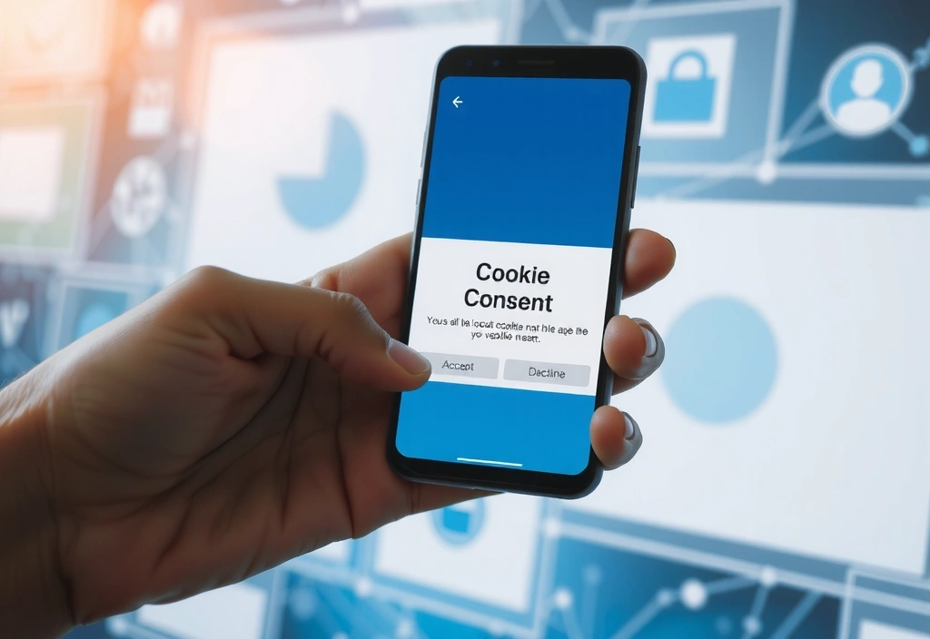 A hand holding a smartphone with a cookie consent pop-up on screen, surrounded by other browser windows and icons.