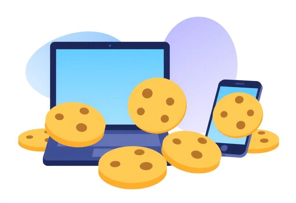 Illustration of various cookies on a digital device screen, representing data and web browsing