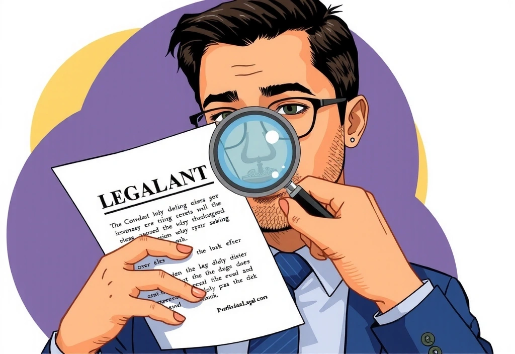 Illustration of a person reading a legal document with a magnifying glass, symbolizing attention to detail and understanding of terms and conditions.